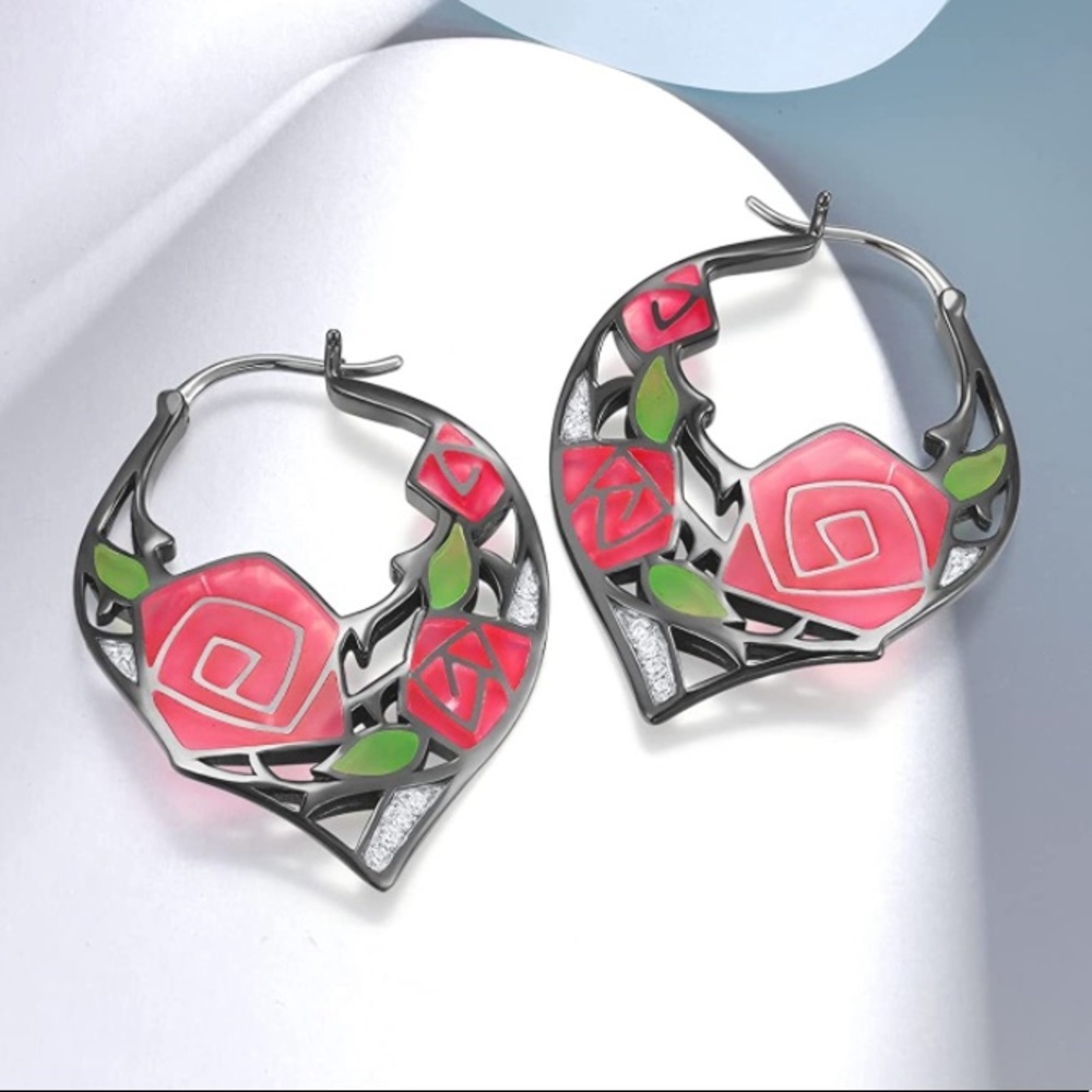 Beauty and the Beast Stained Glass Roses Earrings - Picture 5 of 6